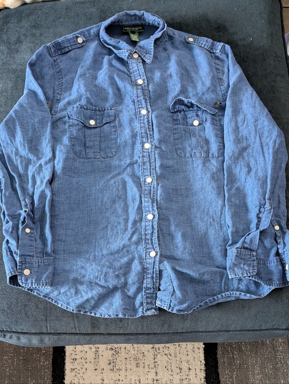 Lauren Jeans Co. Ralph Lauren 100% Linen Blue Button Down Size L